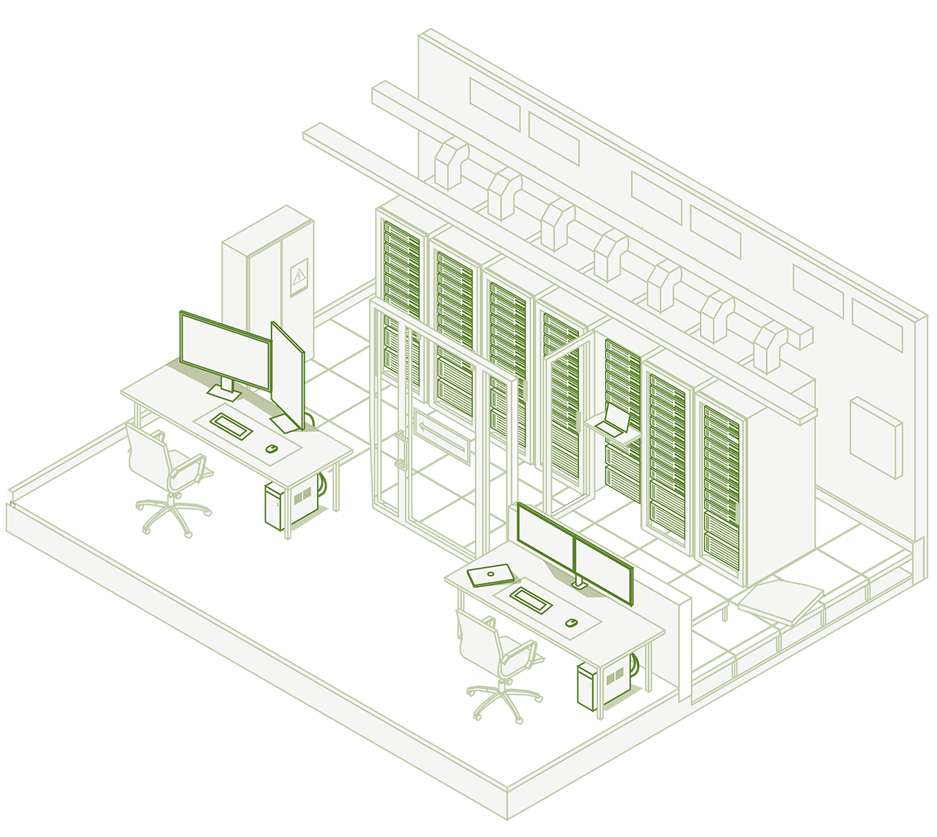Illustrazione isometrica di una sala server con postazioni di lavoro con computer.